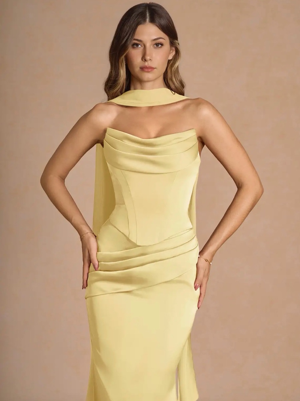 Azazie Lemon Strapless Column Gown with Draped Scarf - Picture 4 of 8